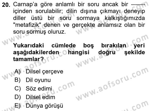 Dil Felsefesi Dersi 2017 - 2018 Yılı (Final) Dönem Sonu Sınav Soruları 20. Soru