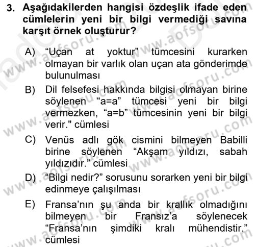 Dil Felsefesi Dersi 2017 - 2018 Yılı (Final) Dönem Sonu Sınav Soruları 3. Soru