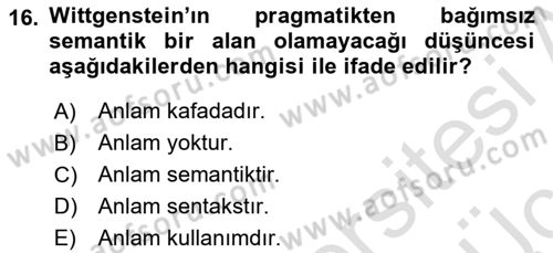 Dil Felsefesi Dersi 2018 - 2019 Yılı 3 Ders Sınav Soruları 16. Soru
