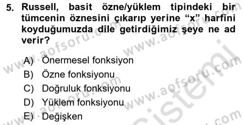Dil Felsefesi Dersi 2018 - 2019 Yılı 3 Ders Sınav Soruları 5. Soru