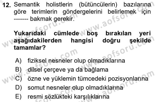 Dil Felsefesi Dersi 2018 - 2019 Yılı (Vize) Ara Sınav Soruları 12. Soru