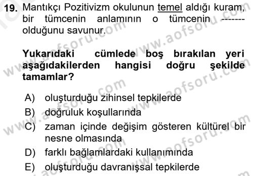 Dil Felsefesi Dersi 2018 - 2019 Yılı (Vize) Ara Sınav Soruları 19. Soru
