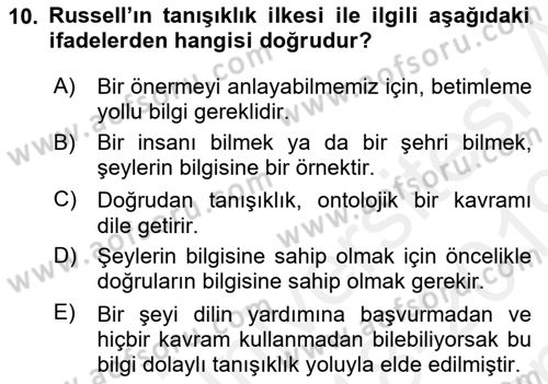 Dil Felsefesi Dersi 2018 - 2019 Yılı (Final) Dönem Sonu Sınav Soruları 10. Soru