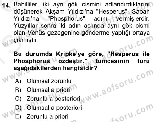 Dil Felsefesi Dersi 2018 - 2019 Yılı (Final) Dönem Sonu Sınav Soruları 14. Soru
