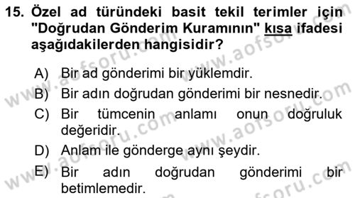 Dil Felsefesi Dersi 2018 - 2019 Yılı (Final) Dönem Sonu Sınav Soruları 15. Soru