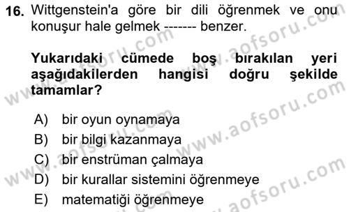 Dil Felsefesi Dersi 2018 - 2019 Yılı (Final) Dönem Sonu Sınav Soruları 16. Soru