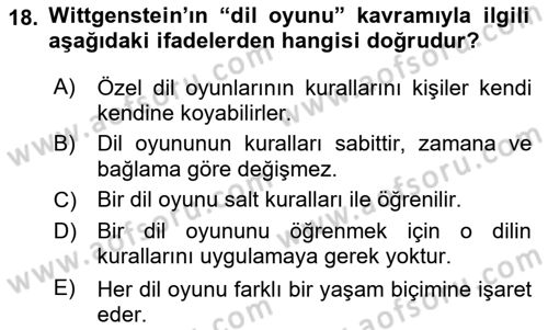 Dil Felsefesi Dersi 2018 - 2019 Yılı (Final) Dönem Sonu Sınav Soruları 18. Soru