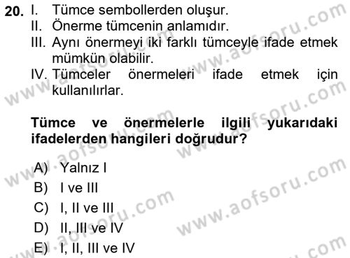 Dil Felsefesi Dersi 2018 - 2019 Yılı (Final) Dönem Sonu Sınav Soruları 20. Soru