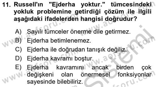 Dil Felsefesi Dersi 2018 - 2019 Yılı Yaz Okulu Sınav Soruları 11. Soru