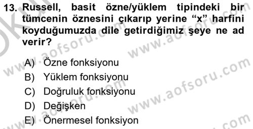Dil Felsefesi Dersi 2018 - 2019 Yılı Yaz Okulu Sınav Soruları 13. Soru