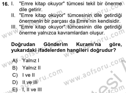 Dil Felsefesi Dersi 2018 - 2019 Yılı Yaz Okulu Sınav Soruları 16. Soru
