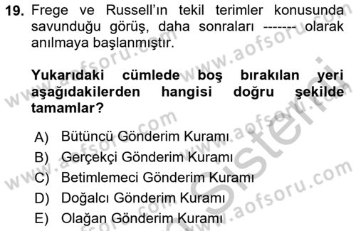Dil Felsefesi Dersi 2018 - 2019 Yılı Yaz Okulu Sınav Soruları 19. Soru