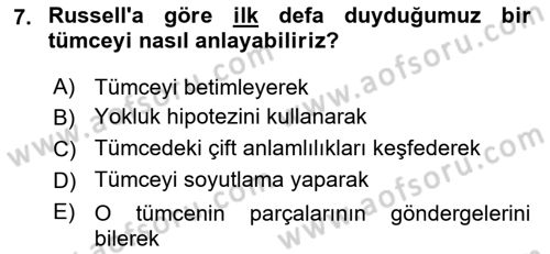 Dil Felsefesi Dersi 2018 - 2019 Yılı Yaz Okulu Sınav Soruları 7. Soru