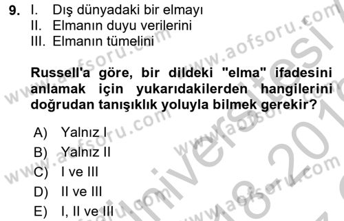 Dil Felsefesi Dersi 2018 - 2019 Yılı Yaz Okulu Sınav Soruları 9. Soru