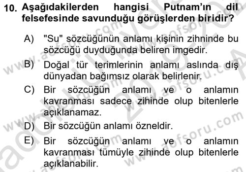Dil Felsefesi Dersi 2019 - 2020 Yılı (Vize) Ara Sınav Soruları 10. Soru
