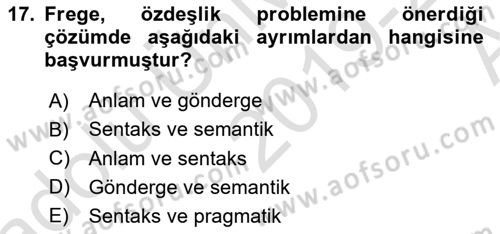 Dil Felsefesi Dersi 2019 - 2020 Yılı (Vize) Ara Sınav Soruları 17. Soru