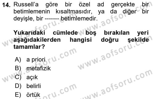 Dil Felsefesi Dersi 2019 - 2020 Yılı (Final) Dönem Sonu Sınav Soruları 14. Soru