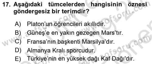 Dil Felsefesi Dersi 2019 - 2020 Yılı (Final) Dönem Sonu Sınav Soruları 17. Soru