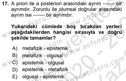 Dil Felsefesi Dersi 2020 - 2021 Yılı Yaz Okulu Sınav Soruları 17. Soru