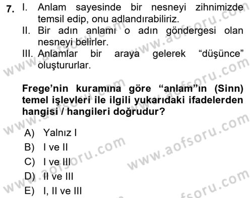 Dil Felsefesi Dersi 2020 - 2021 Yılı Yaz Okulu Sınav Soruları 7. Soru