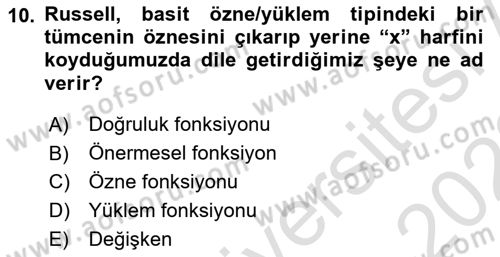 Dil Felsefesi Dersi 2021 - 2022 Yılı (Final) Dönem Sonu Sınav Soruları 10. Soru