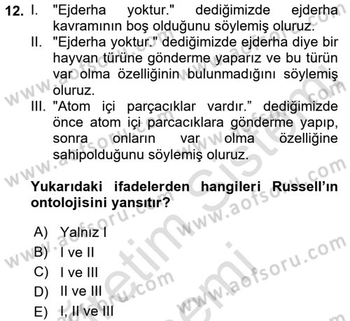 Dil Felsefesi Dersi 2021 - 2022 Yılı (Final) Dönem Sonu Sınav Soruları 12. Soru
