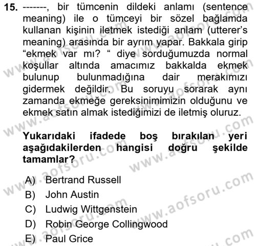 Dil Felsefesi Dersi 2021 - 2022 Yılı (Final) Dönem Sonu Sınav Soruları 15. Soru