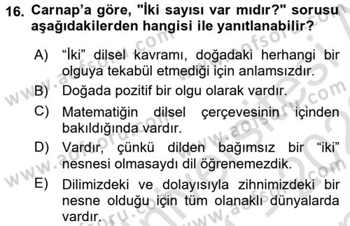 Dil Felsefesi Dersi 2021 - 2022 Yılı (Final) Dönem Sonu Sınav Soruları 16. Soru