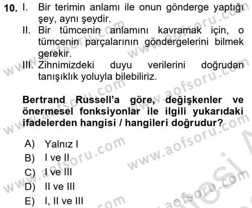 Dil Felsefesi Dersi 2021 - 2022 Yılı Yaz Okulu Sınav Soruları 10. Soru