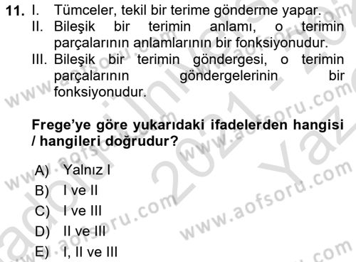 Dil Felsefesi Dersi 2021 - 2022 Yılı Yaz Okulu Sınav Soruları 11. Soru