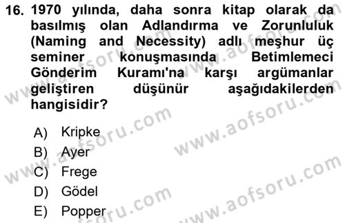 Dil Felsefesi Dersi 2021 - 2022 Yılı Yaz Okulu Sınav Soruları 16. Soru