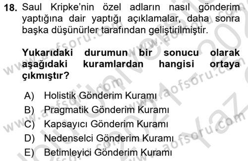 Dil Felsefesi Dersi 2021 - 2022 Yılı Yaz Okulu Sınav Soruları 18. Soru