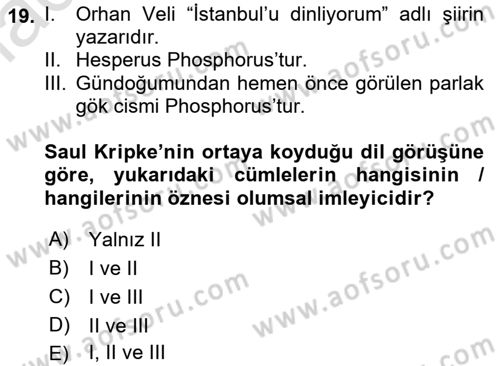 Dil Felsefesi Dersi 2021 - 2022 Yılı Yaz Okulu Sınavı 19. Soru