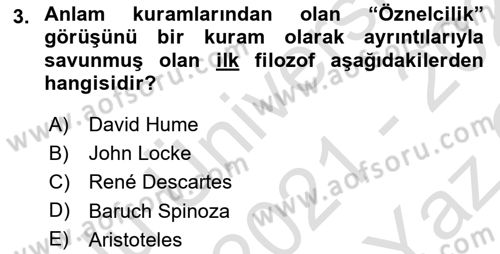 Dil Felsefesi Dersi 2021 - 2022 Yılı Yaz Okulu Sınav Soruları 3. Soru