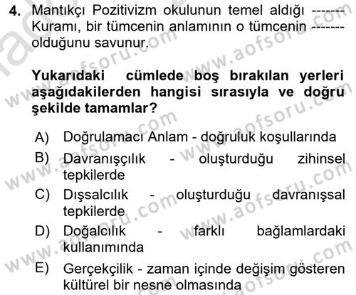 Dil Felsefesi Dersi 2021 - 2022 Yılı Yaz Okulu Sınav Soruları 4. Soru
