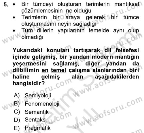 Dil Felsefesi Dersi 2021 - 2022 Yılı Yaz Okulu Sınav Soruları 5. Soru
