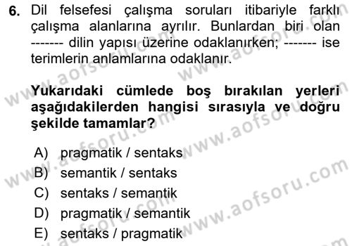 Dil Felsefesi Dersi 2022 - 2023 Yılı (Vize) Ara Sınav Soruları 6. Soru