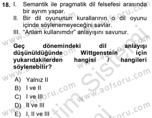 Dil Felsefesi Dersi 2022 - 2023 Yılı (Final) Dönem Sonu Sınavı 18. Soru