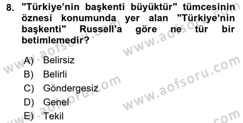 Dil Felsefesi Dersi 2022 - 2023 Yılı (Final) Dönem Sonu Sınavı 8. Soru