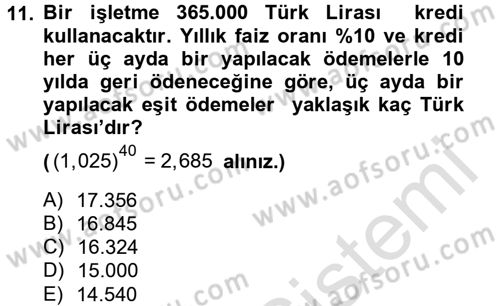 Finans Matematiği Dersi 2013 - 2014 Yılı Tek Ders Sınav Soruları 11. Soru