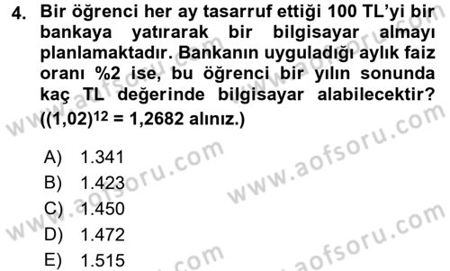 Finans Matematiği Dersi 2015 - 2016 Yılı (Final) Dönem Sonu Sınav Soruları 4. Soru