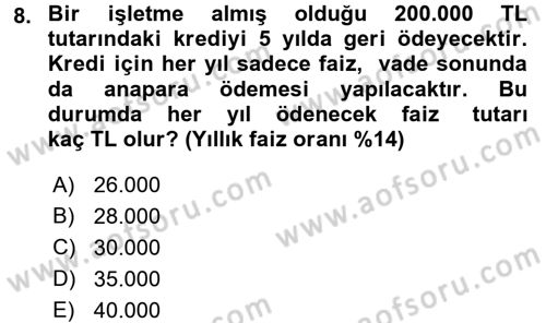 Finans Matematiği Dersi 2015 - 2016 Yılı (Final) Dönem Sonu Sınav Soruları 8. Soru