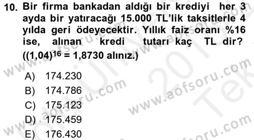 Finans Matematiği Dersi 2015 - 2016 Yılı Tek Ders Sınav Soruları 10. Soru