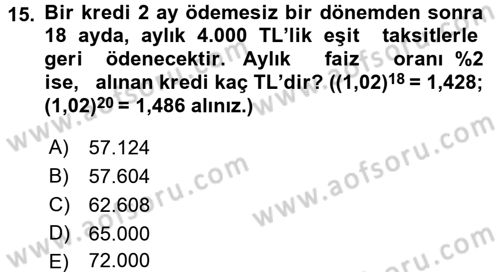 Finans Matematiği Dersi 2016 - 2017 Yılı 3 Ders Sınav Soruları 15. Soru