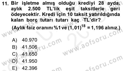 Finans Matematiği Dersi 2017 - 2018 Yılı 3 Ders Sınav Soruları 11. Soru