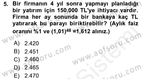 Finans Matematiği Dersi 2017 - 2018 Yılı 3 Ders Sınav Soruları 5. Soru