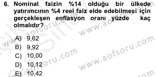 Finans Matematiği Dersi 2017 - 2018 Yılı 3 Ders Sınav Soruları 6. Soru