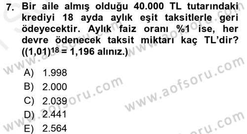 Finans Matematiği Dersi 2017 - 2018 Yılı (Final) Dönem Sonu Sınav Soruları 7. Soru