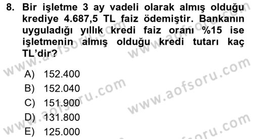 Finans Matematiği Dersi 2018 - 2019 Yılı (Vize) Ara Sınav Soruları 8. Soru