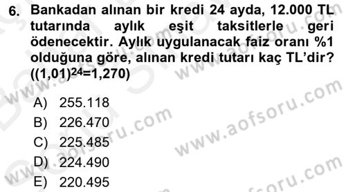 Finans Matematiği Dersi 2018 - 2019 Yılı (Final) Dönem Sonu Sınav Soruları 6. Soru